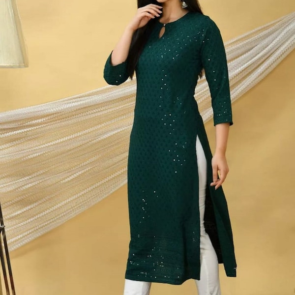 Embroidery and Heavy sequence Work Green Straight Kurti with White Pant, Ethnic Designer Wedding And Party Wear Dress For Women Up to 5Xl