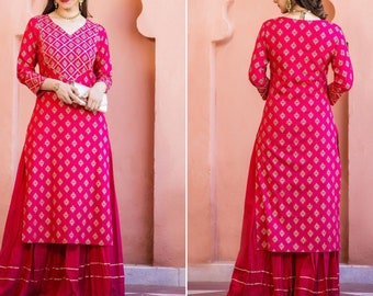 Beautiful Pink Long Kurti Skirt set for women, Golden print Indian Ethnic two piece Kurti suit wear for women, Pakistani dress, M to 3XL
