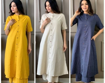 Cotton Kantha Work A-line Kurta Pattern Paired With Ankle Length Palazzo, Available colors Yellow, Blue, White, Free Shipping