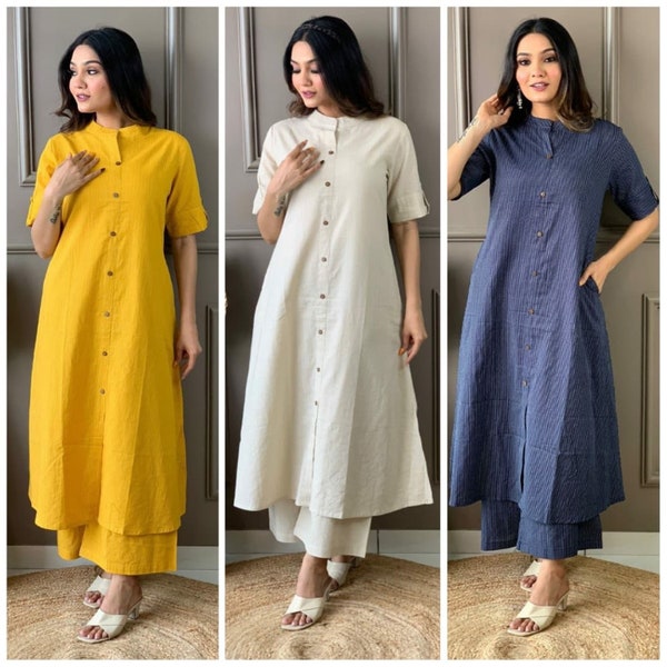 Cotton Kantha Work A-line Kurta Pattern Paired With Ankle Length Palazzo, Available colors Yellow, Blue, White, Free Shipping