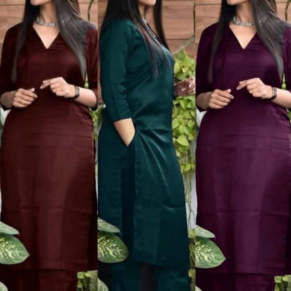 Cotton Silk Solid Kurta With Cotton Silk Pant 2Pc Set, Wine, Bottle Green, Black, Size XXS to 7Xl, Plus Size , V Neck Kurta, Gift For Her