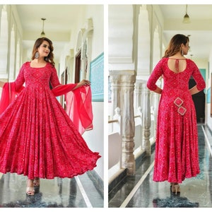 Indian Readymade Pink Bandhani Anarkali with Mulmul Dupatta. Bandhani Printed Dress For Women And Girls Free Shipping.