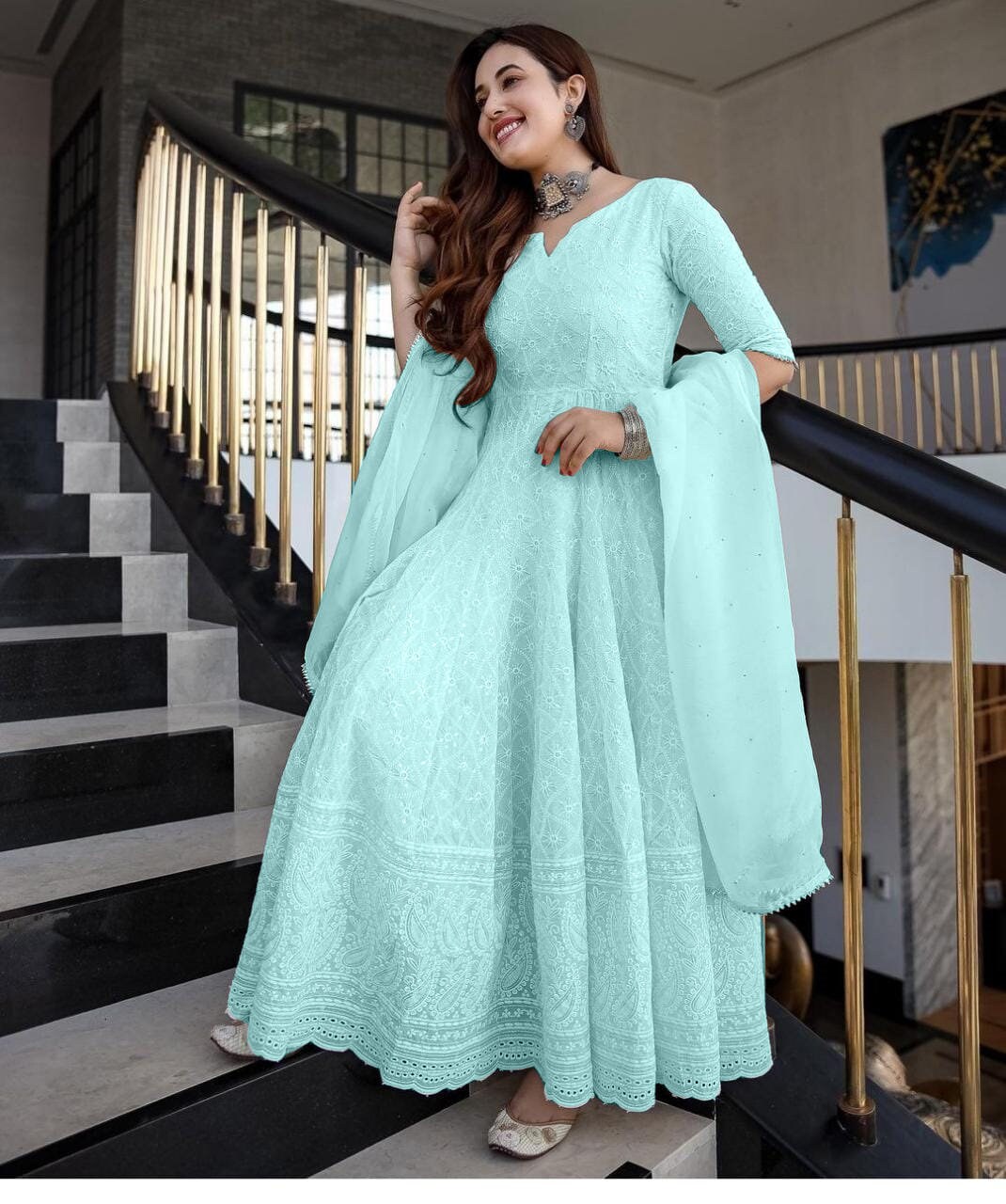 Pastel Green Anarkali Full Embroidery 