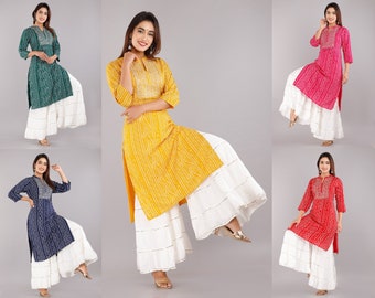 Bel ensemble ethnique Kurti Sharara pour femmes, vêtements de fête indiens exclusifs, bleu, rouge, vert, jaune, rose, M à XXL disponible