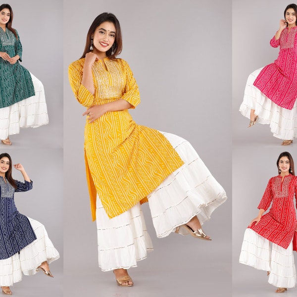 Beautiful Ethnic Kurti Sharara Set for Women, Exclusive Indian Festive wear, Blue, Red, Green, Yellow, Pink, M to XXL available