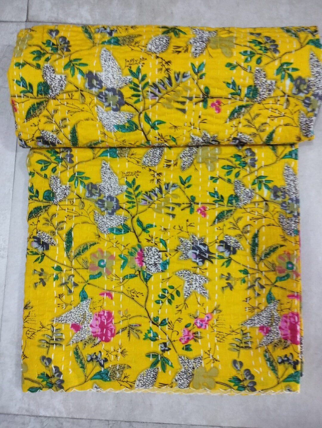 Handmade Yellow Indian Kantha Quilt Pure Cotton Bedspread Etsy