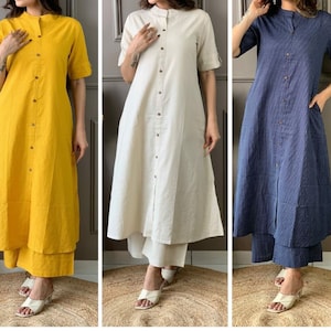 Cotton Kantha Work A-line Kurta Pattern Paired With Ankle Length Palazzo, Available colors Yellow, Blue, White, Free Shipping