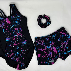 Turquoise Fuchsia Purple Black Paint Splatter Leotard Short Scrunchie Dance Gymnastics Birthday