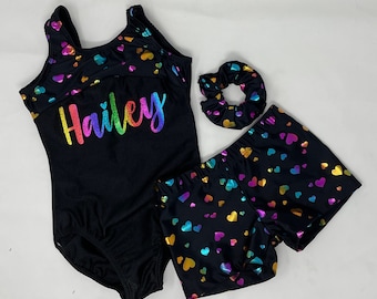 Girls Black Rainbow Metallic Heart Number Name Personalized Leotard Short Scrunchie Dance Gymnastics Birthday