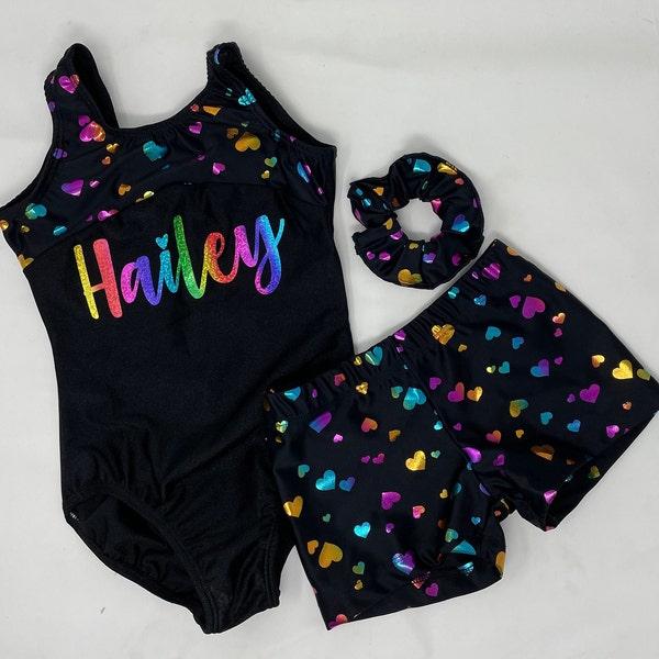 Girls Black Rainbow Metallic Heart Number Name Personalized Leotard Short Scrunchie Dance Gymnastics Birthday