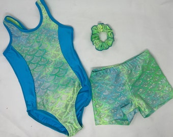 Mädchen Lime Türkis Meerjungfrau Trikot Kurz Scrunchie Tanz Gymnastik Geburtstag
