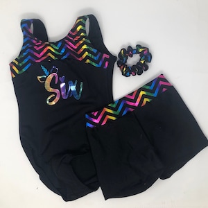 Reflectionz Rainbow Chevron Unicorn Personalized Number Name Dance Gymnastics Birthday Leotard Short Scrunchie