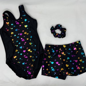 Metallic Heart Black Leotard Short Scrunchie Dance Gymnastics Birthday