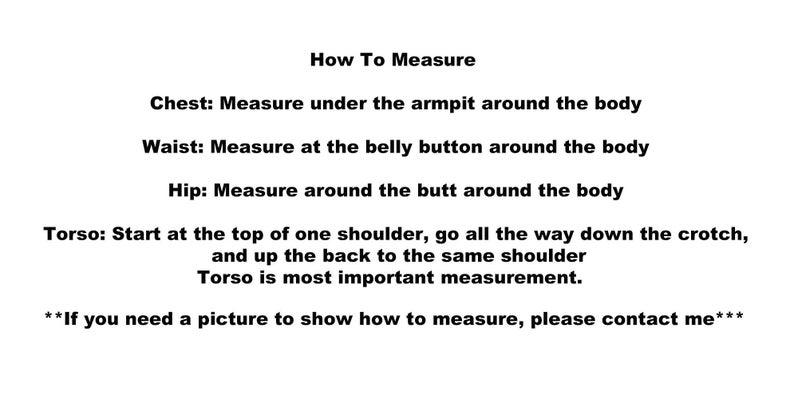 May include: White background with text detailing how to measure chest, waist, hip, and torso. The text states the torso measurement is the most important. Instructions are provided.