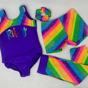 Girls Dark Purple Rainbow Stripe Number Name Personalized Leotard Short Capri Scunchie Dance Gymnastics Birthday