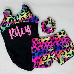 Girls Black Rainbow Leopard Number Name Personalized Leotard Short Scrunchie Dance Gymnastics Birthday