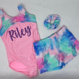 Pink Blue Pain Splatter Number Name Personalized Leotard Short Scrunchie Dance Gymnastics Birthday