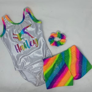 Girls Silver Rainbow Gymnastics Girl Number Name Personalized Leotard Short Scrunchie Dance Gymnastics Birthday