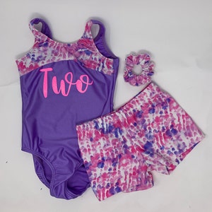 Girls Purple Hot Pink Printed Birthday Personalized Name Number Leotard Short Scrunchie Dance Gymnastics