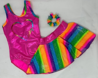 Girls Fuchsia Rainbow Heart Personalized Name Birthday Gymnastics Dance Leotard Skirt