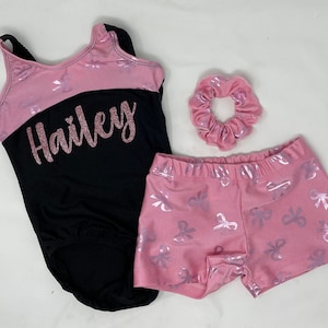 Girls Black Pink Bow Number Name Personalized Leotard Short Scrunchie Dance Gymnastics Birthday