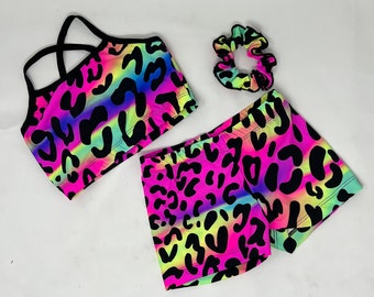 Girls Neon Leopard Top and Short Dance Jazz Hip Hop Birthday Cheerleading