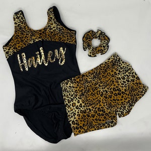 Girls Tan Leopard Leotard Short Personalized Custom Birthday Gymnastics Dance