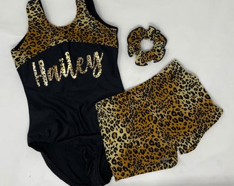Chicas Tan Leopard Leotardo Corto Personalizado Cumpleaños Gimnasia Danza