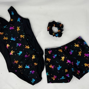 Girls Black Metallic Unicorn Leotard Short Scrunchie Dance Gymnastics