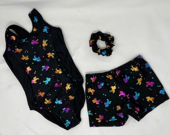 Mädchen Schwarz Metallic Einhorn Trikot, Scrunchie, Tanz-Gymnastik