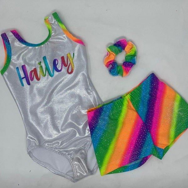 Girls Silver Rainbow Number Name Personalized Leotard Short Scrunchie Dance Gymnastics Birthday