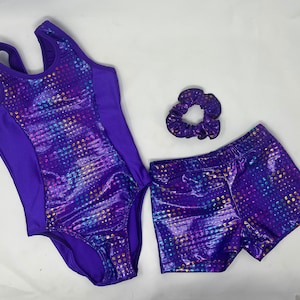 Reflectionz Purple Multi Dot Leotard Short Scrunchie Dance Gymnastics