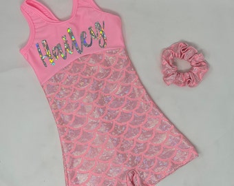 Girls Pink Mermaid Unitard Biketard Dance Gymnastics Tumbling Birthday Personalized Custom