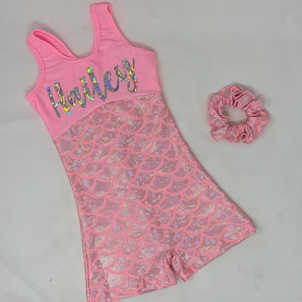 Girls Pink Mermaid Unitard Biketard Dance Gymnastics Tumbling Birthday Personalized Custom