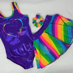 Girls Dark Purple Rainbow Heart Personalized Name Birthday Gymnastics Dance Leotard Skirt
