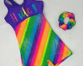 Girls Purple Rainbow Stripe Unitard Biketard Dance Gymnastics Birthday Custom Personalized