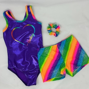 Girls Purple Rainbow Heart Personalized Name Birthday Gymnastics Dance Leotard Short