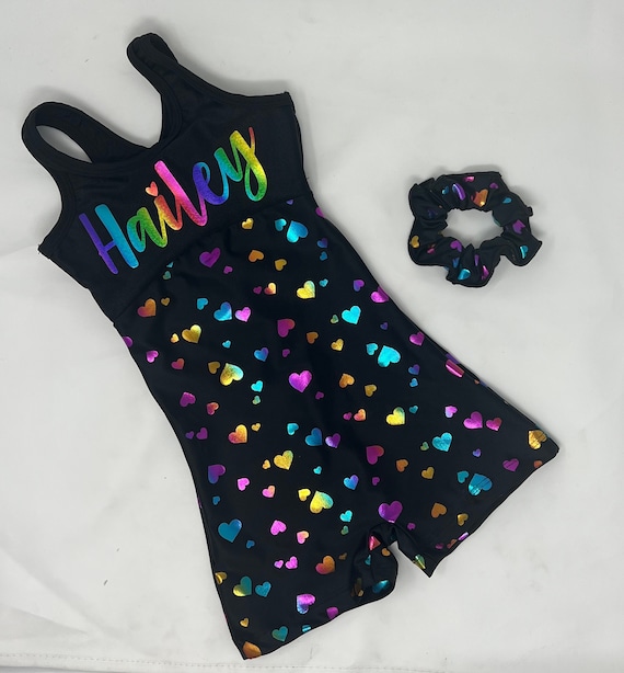 Girls Metallic Heart Unitard Biketard Scrunchie Dance Gymnastics Tumbling Birthday