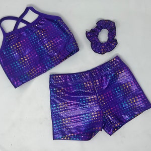 Girls Purple Multi Dot Top Short Scrunchie Dance Jazz Hip Hop Tumbling Cheerleading Birthday