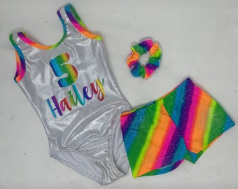 Girls Silver Rainbow Personalized Name Number Birthday Gymnastics Dance Leotard Short