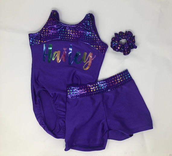 Reflectionz Purple Rainbow Dot Girls Leotard Short Scunchie Dance Gymnastics Birthday Personalized