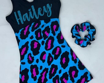 Girls Turquoise Fuchsia Leopard Unitard Biketard Scrunchie Dance Gymnastics Birthday Custom Personalized