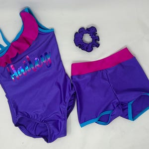 Girls Dark Purple Fuchsia Turquoise Ruffle Personalized Custom Leotard Short Scrunchie Dance Gymnastics Birthday