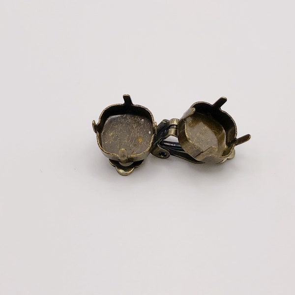 12mm Clip Earring Empty Setting Antique Brass plated Rivoli, Empty Cup Chain Earrings for jewelry makers, DIY Earrings