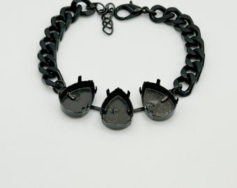 18x13mm Black Noir Empty Cup Chain Bracelet Setting, 3 setting Bracelet 18x13mm Pear Empty Cupchain Base