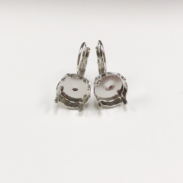 12mm Rhodium plated Empty Earring Leverback Setting, 50ss Empty Cup Chain Earrings for jewelry makers, Rhodium Earrings Rivoli 1122