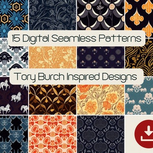 15 Tory Burch geïnspireerd behangontwerp, digitaal plakboekpapierpakket, commerciële licentie, afdrukbaar naadloos patroon, luxe SVG Indigo Art