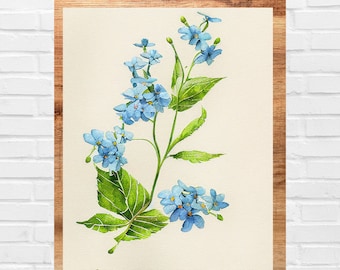 Forget-Me-Not Flowers Watercolor Print, Cottagecore Art (Digital JPG Download)