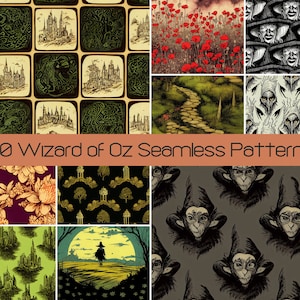 30 Patrón sin costuras del Mago de Oz, Paquete de papel de álbum de recortes digital, Licencia comercial SVG para amantes de los libros de aventuras de fantasía, Arte de decoración del hogar Booktok