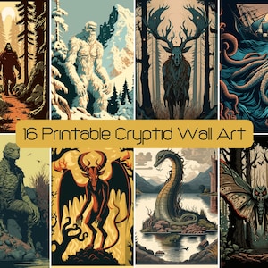 16 Cryptid Digital Wall Art, Printable Greeting Card, Cryptidcore Sticker SVG Gallery Wendigo Poster, Commercial License Jackalope Bigfoot